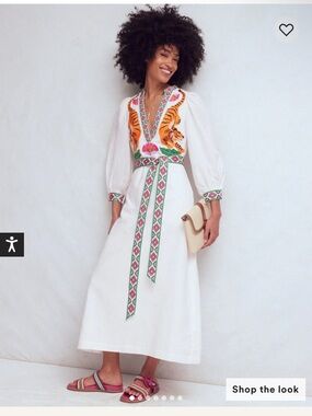Boden Embroidered White Maxi Dress with Tiger Motif